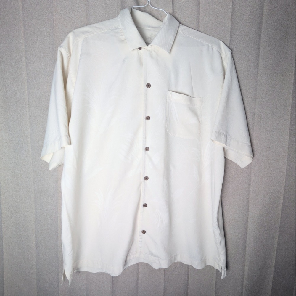 Tommy Bahama Mens XL Silk Short Sleeve Button Down Shirt Cream Tropical Jacquard